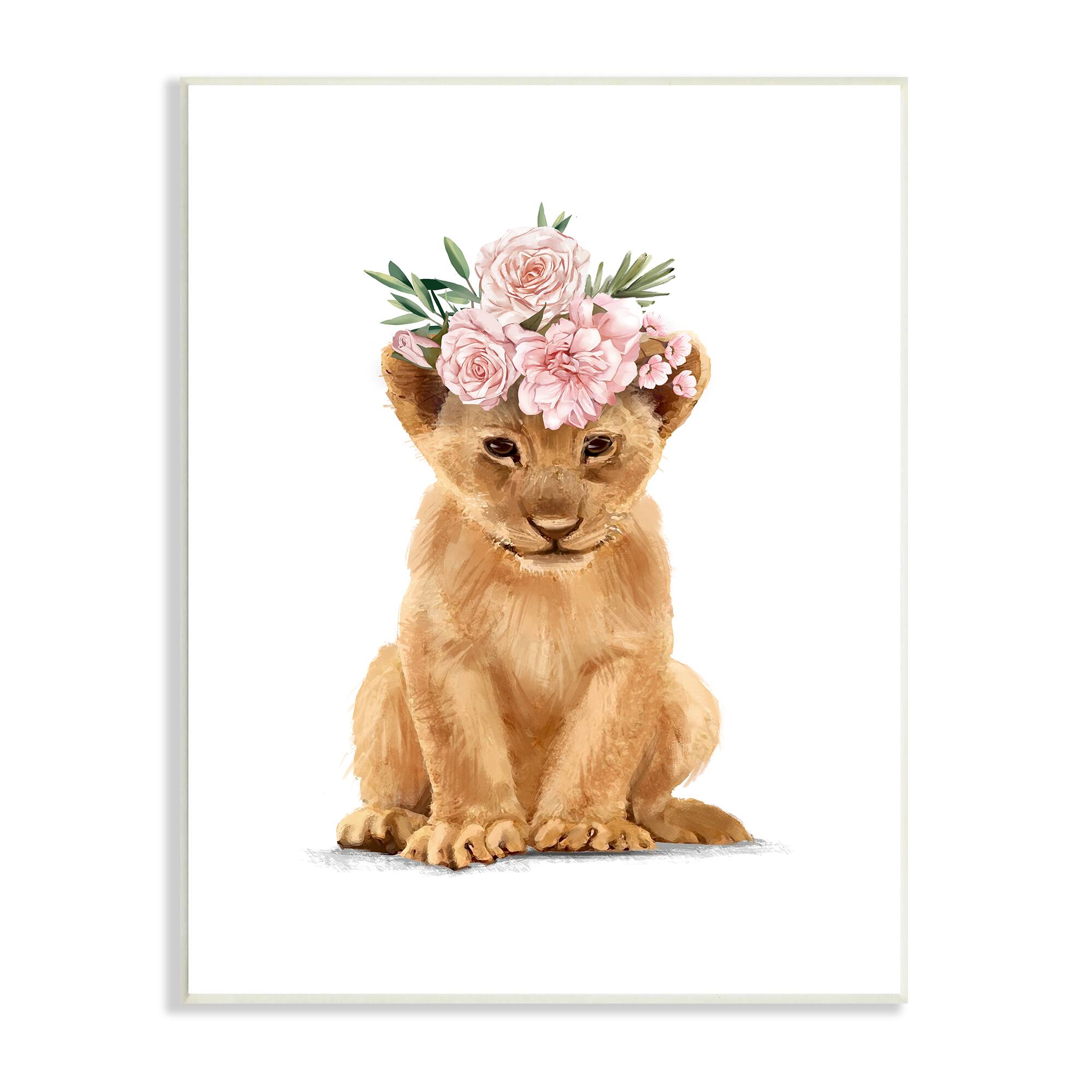 Stupell Industries Boho Rose Floral Crown Lion Cub Safari Animal Wall Plaque